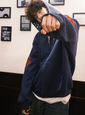 美式高街复古植绒刺绣开衫连帽卫衣男女2025新款秋冬加绒情侣外套