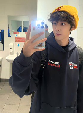 美式高街重磅复古字母印花连帽卫衣男女秋冬加绒潮牌宽松情侣帽衫