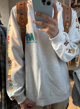 2025新款美式高街重磅插肩刺绣复古宽松圆领百搭简约套头卫衣男女