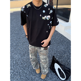 高街重磅纯棉花卉刺绣短袖 T恤男女宽松圆领情侣上衣 美式 2026新款