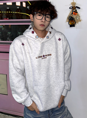 新款美式高街复古民族风灰色连帽卫衣男冬季加绒加厚潮牌情侣帽衫