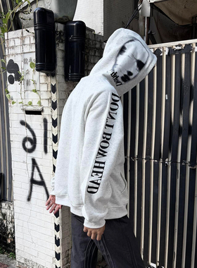 美式街头灰色字母印花连帽卫衣男女新款秋冬加绒加厚情侣百搭外套