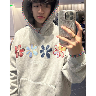 2025新款 高街复古重磅帽檐刺绣卫衣男女百搭情侣秋冬加绒外套 美式