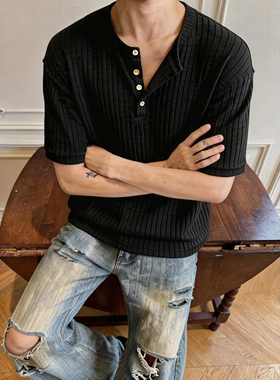 老钱风亨利领针织肌理感亨利领针织短袖男夏季新款美式松弛感短袖