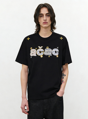 美式字母纯棉刺绣字母短袖T恤男宽松潮牌同款重磅情侣装黑色上衣