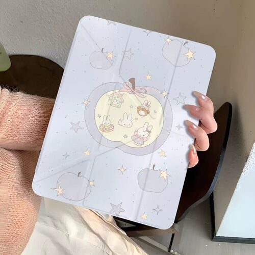 卡通小兔子Y折平板保护壳ipad11代A16亚克力air11无笔槽10代air4air5卡通9代5代9.7硬壳全包高透三折防摔壳