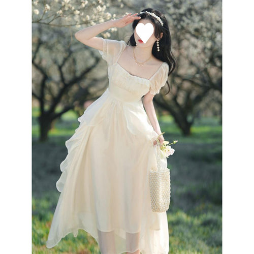 12YE茶歇法式复古高级感甜美少女显瘦仙女气质超仙荷叶边连衣裙子
