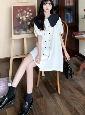 12YE 2025夏季法式复古娃娃领连衣裙女气质显瘦中长款裙子