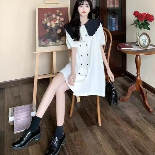 12YE 2025夏季法式复古娃娃领连衣裙女气质显瘦中长款裙子