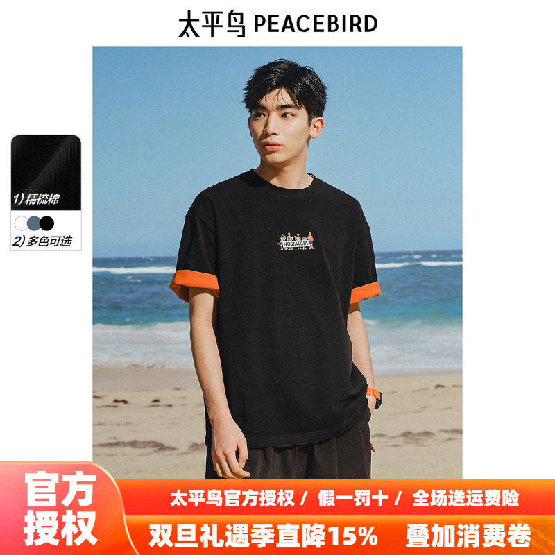 【晚心联名】太平鸟男装重磅刺绣短袖T恤秋新款宽松圆领情侣体恤
