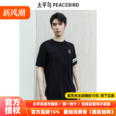太平鸟男装T恤新款袖条拼接刺绣短袖 B1EEE2114