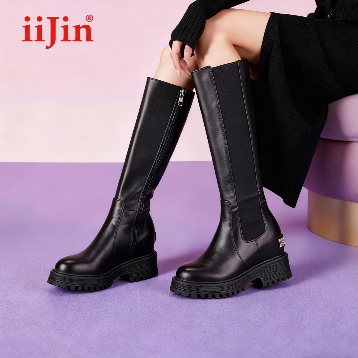 明星同款艾今10cm厚底内增高长靴