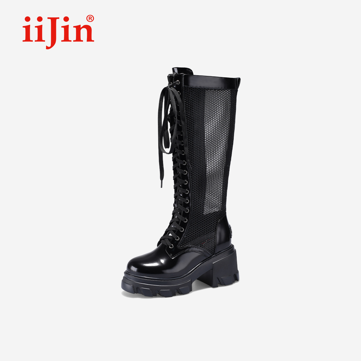 艾今25夏新10cm增高网纱拼接长靴