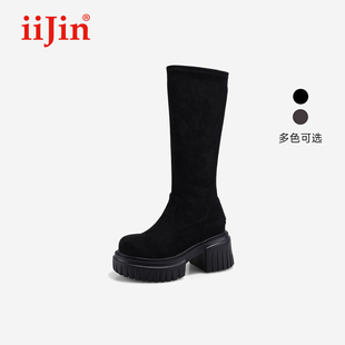 iiJin艾今25秋冬新品 10cm厚底内增高超轻显瘦弹力长筒靴女971SAA