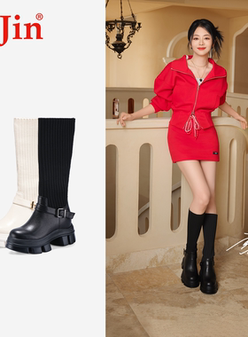 【谭松韵同款】iiJin艾今10.5cm超轻厚底内增高长筒袜靴女958ALVB