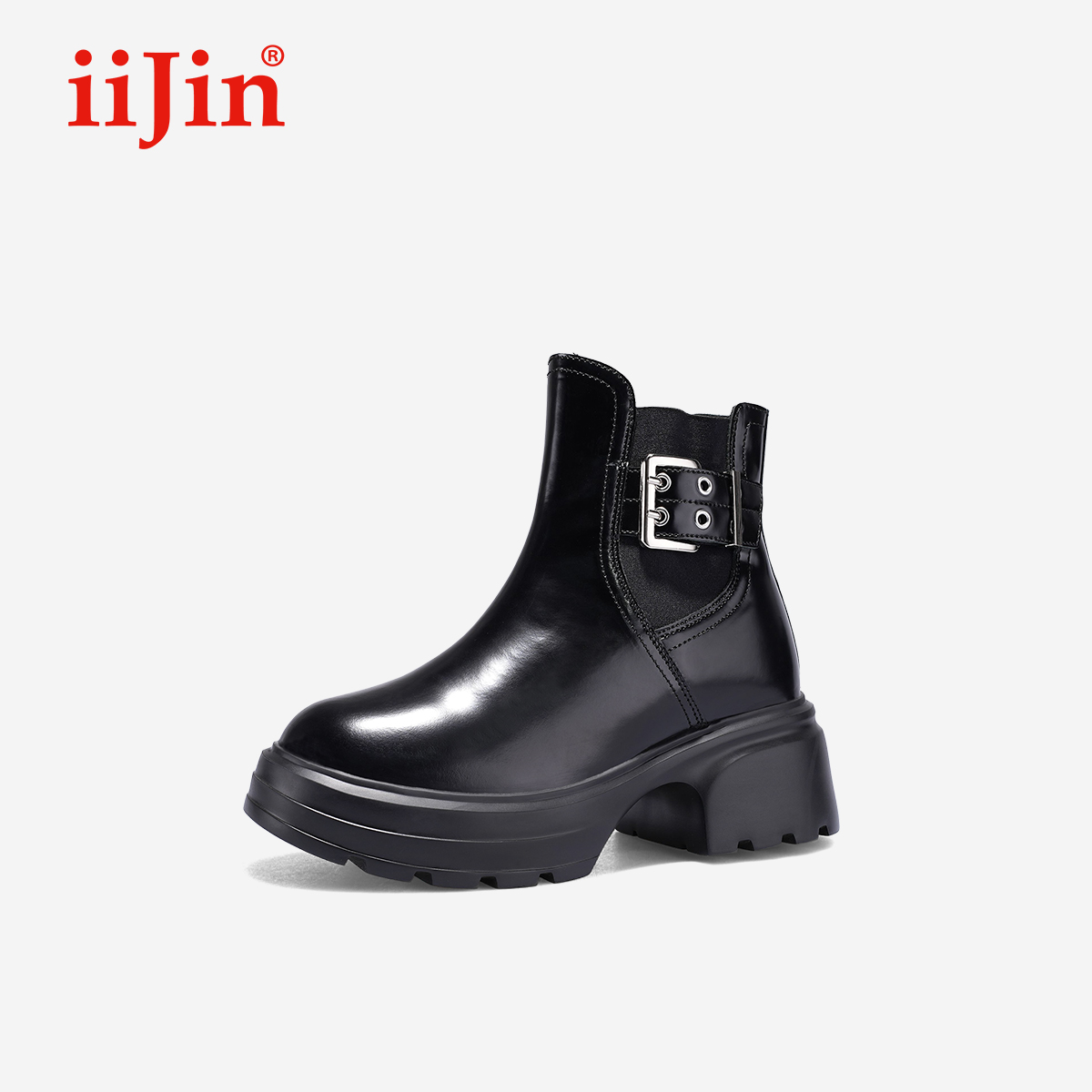 iiJin艾今25春新品10cm超轻厚底内增高真皮搭扣切尔西靴女515UKA