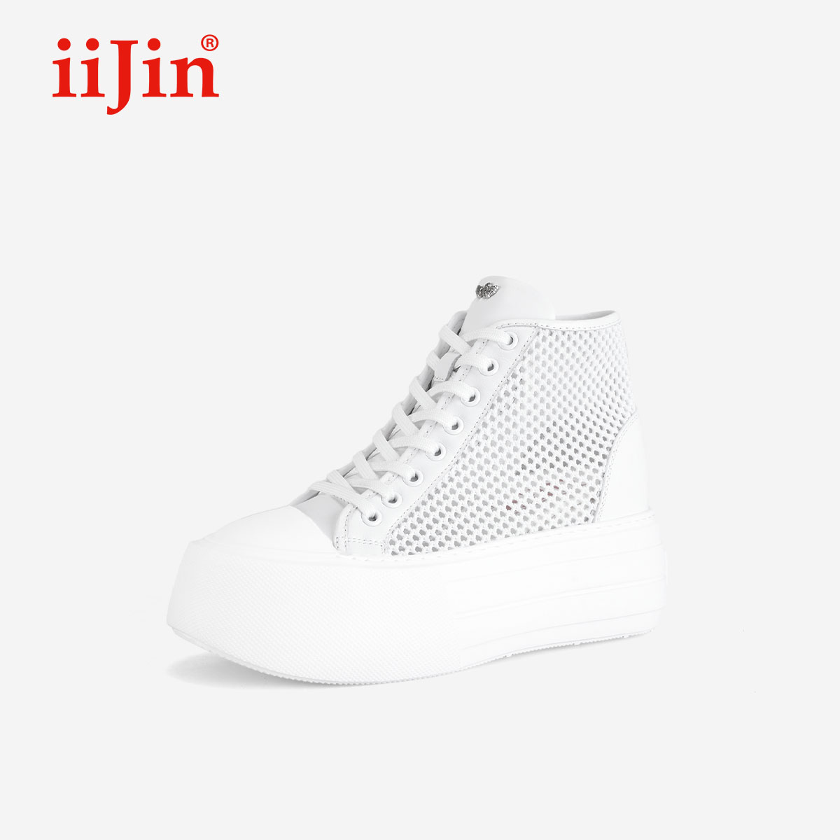 iiJin艾今24新品8cm厚底内增高超轻镂空透气高帮小白鞋女YF607VWB