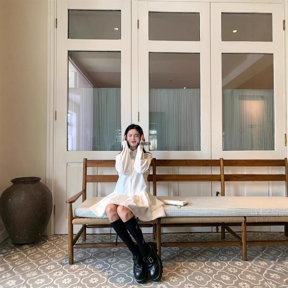 2025春装新款小个子法式白色连衣裙子女设计感小众长袖A字衬衫裙