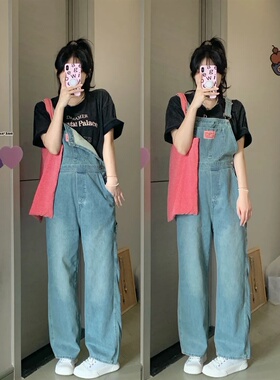 炸街美式牛仔背带裤女小个子2025年新款夏季复古港味设计感阔腿裤