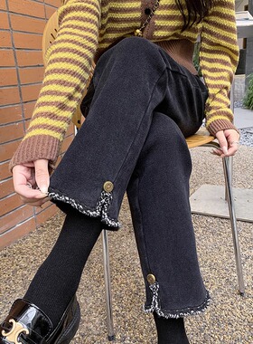 黑色加绒直筒牛仔裤女秋冬季2022新款高腰宽松开叉九分加厚烟管裤