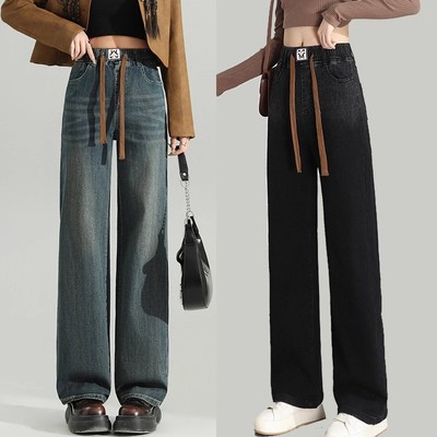 加厚羊羔绒阔腿牛仔裤女秋冬季2025新款松紧高腰大码加绒直筒裤子