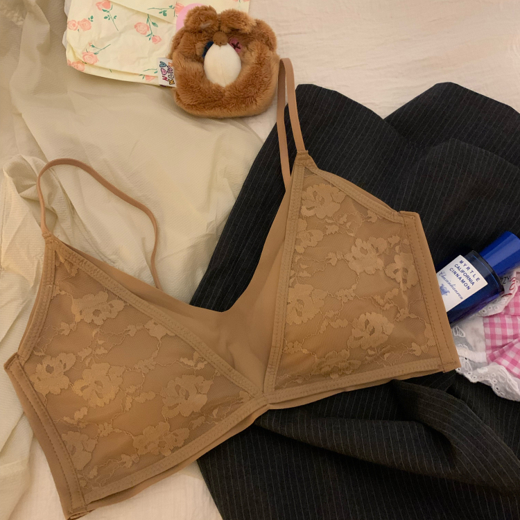 法式三角杯内衣女夏季薄款无钢圈吊带背心式细肩带蕾丝美背文胸罩