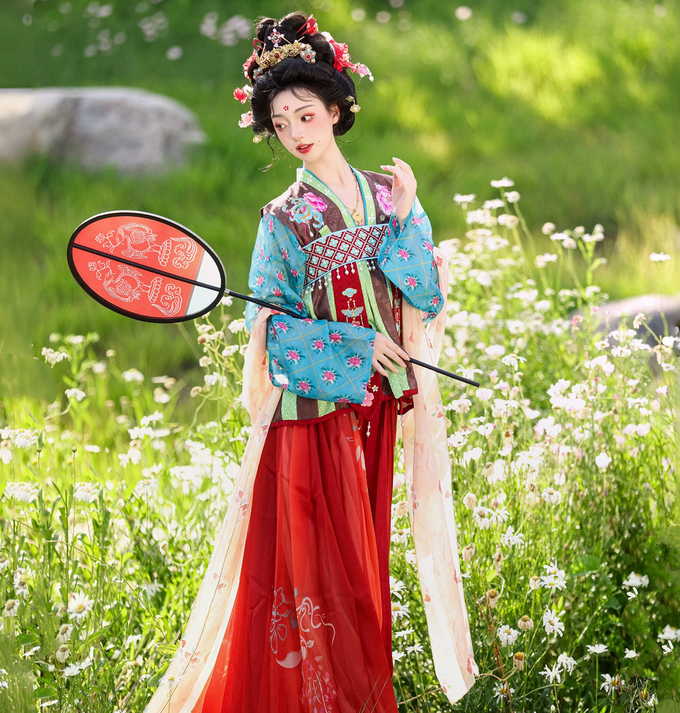 千黛远山【玉笙胭】石榴裙仿李倕初唐褙子陌腹原创刺绣汉服女夏