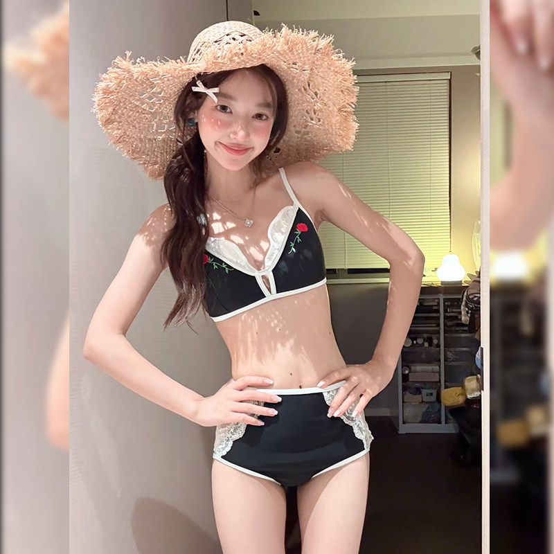 法式蕾丝比基尼泳衣女三件套黑色裙式分体泡温泉度假泳装2025新款