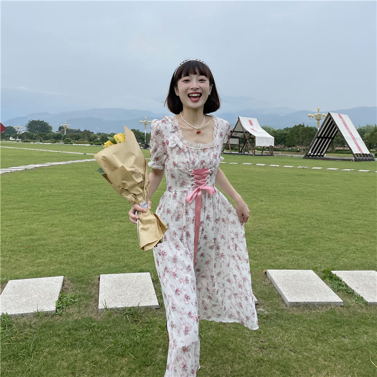 Real world peach French Princess Dress fairy Waist Long Floral Dress 2021 NEW