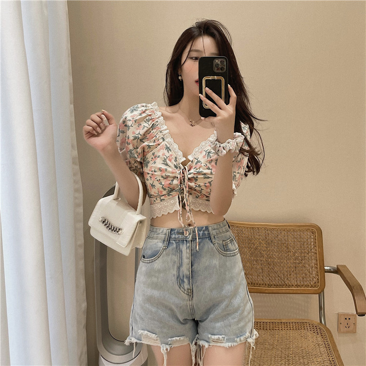 Real shot cross bandage stitching lace blouse women's Bubble Sleeve Jacket