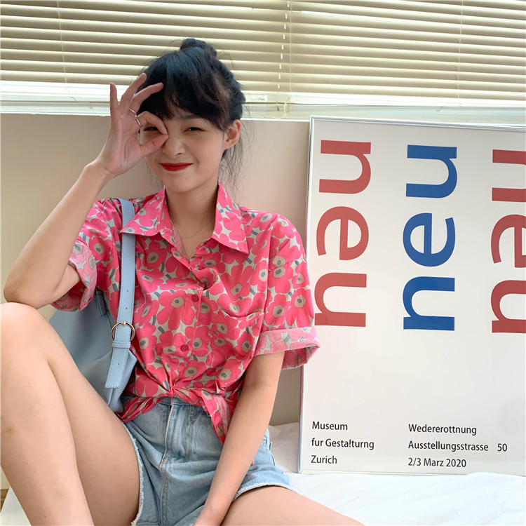 Real shot ins wind flower retro polo collar loose personality BF style short sleeve shirt fashion
