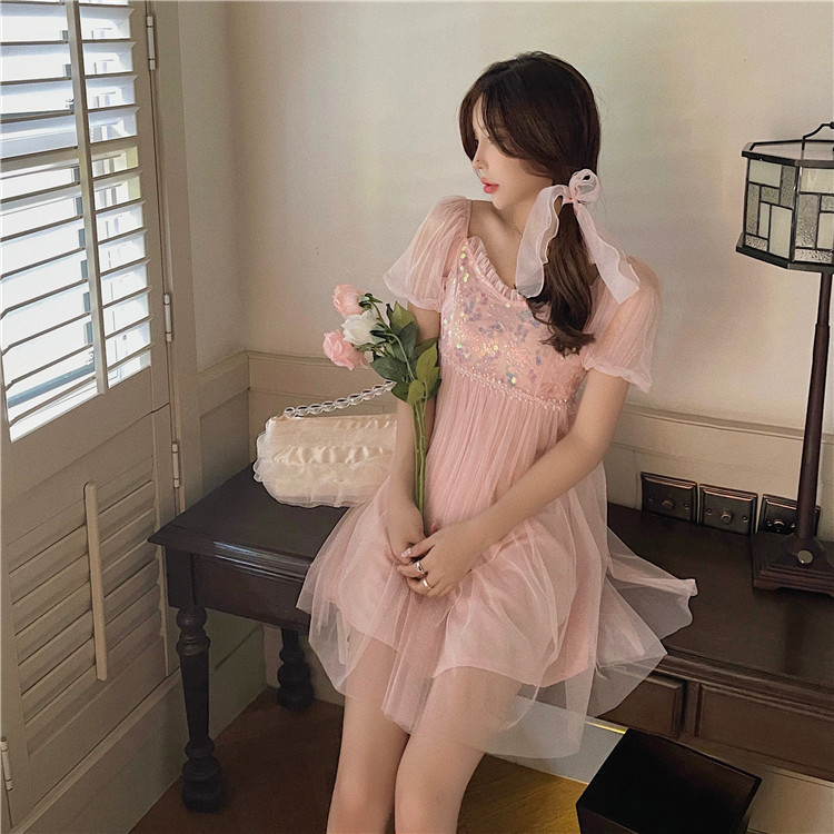 Real shot shining shining Sequin mesh scale dress bubble sleeve high waist girl suspender skirt