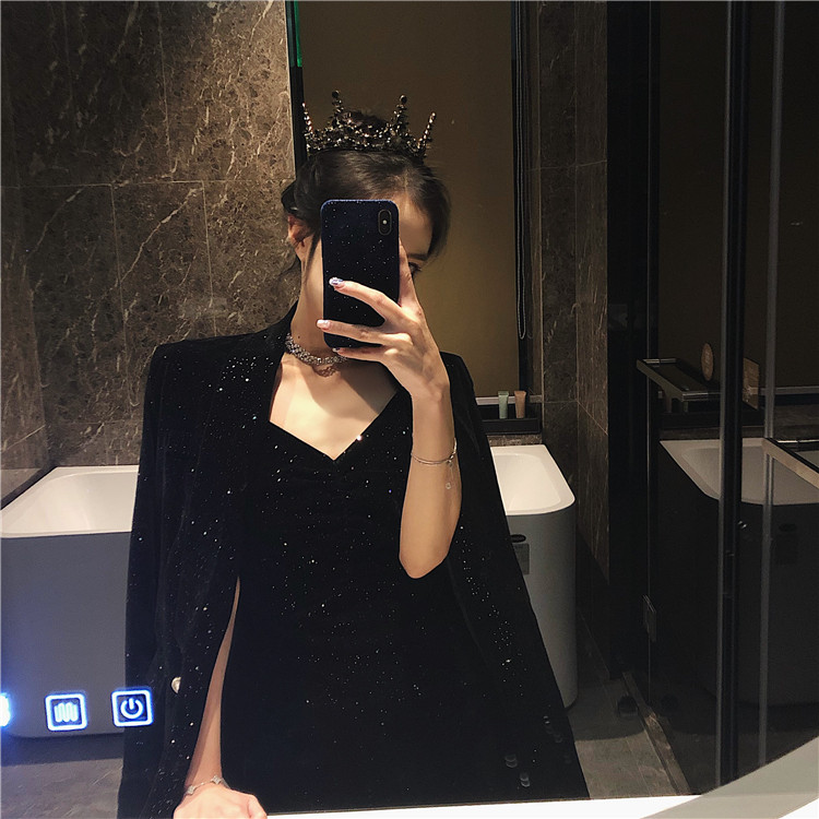 Real shot Korean retro slim temperament jacket fashion suit V-neck suspender dress two piece fashion suit