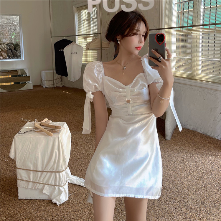 Real photo 2021 summer new air show thin princess skirt bubble sleeve sweet waist skirt