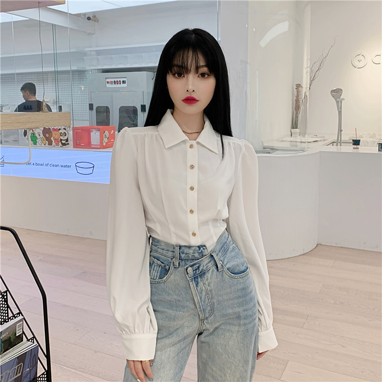 Real photo retro Lantern Sleeve White Shirt women's short waist long sleeve shirt autumn