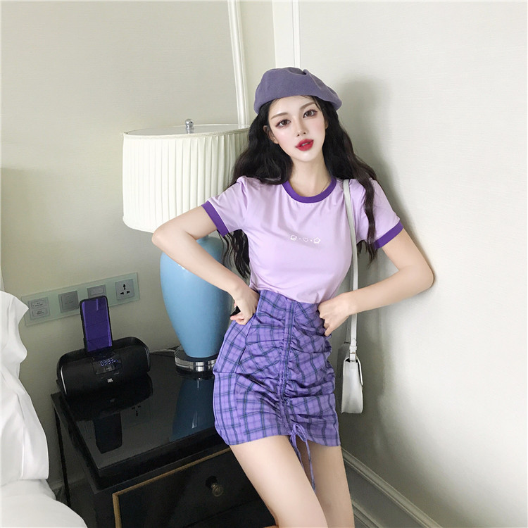 Real photo 2021 new purple short T-shirt Short Sleeve Plaid Skirt short skirt suit two piece set