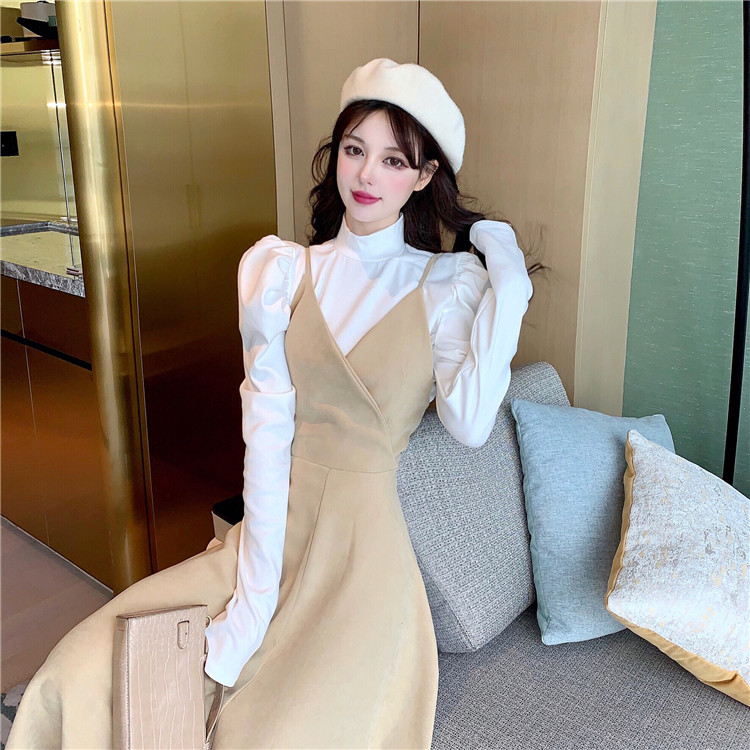 Real shooting autumn suit bubble sleeve base coat + waist down and slim swing suspender dress two piece set