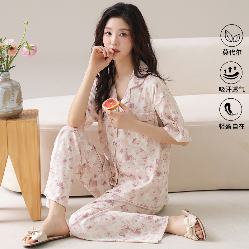 莫代尔睡衣女款夏季薄款短袖长裤套装2025新款妈妈休闲大码家居服