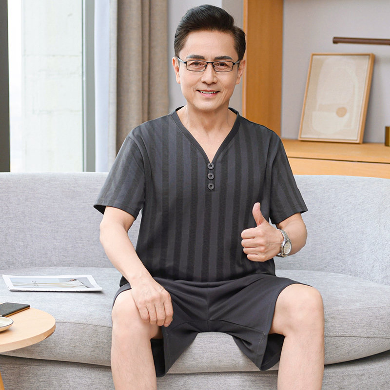 夏季睡衣男士纯棉短袖短裤薄款套装夏天中老年爸爸夏天大码家居服