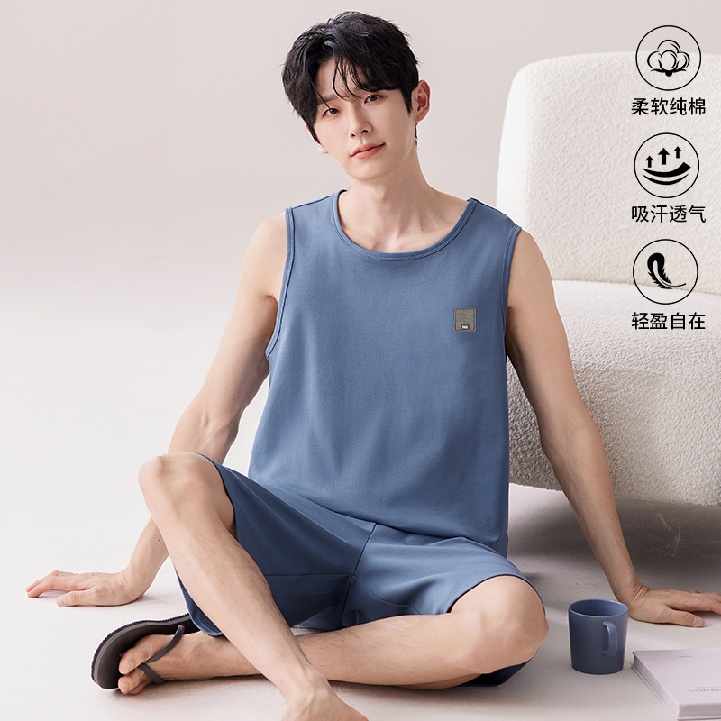 睡衣男夏季纯棉2025新款背心短裤休闲大码无袖夏天男款家居服套装