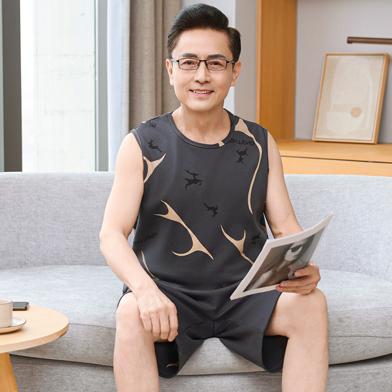 男士睡衣夏季纯棉薄款无袖背心大码套装中老年人爸爸可外穿家居服