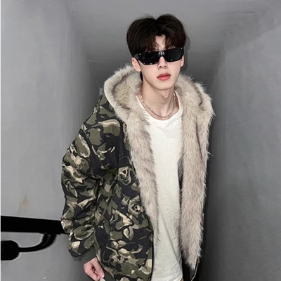 青少年美式水洗迷彩毛领连帽夹克棉服2025冬季新款上衣外套男女