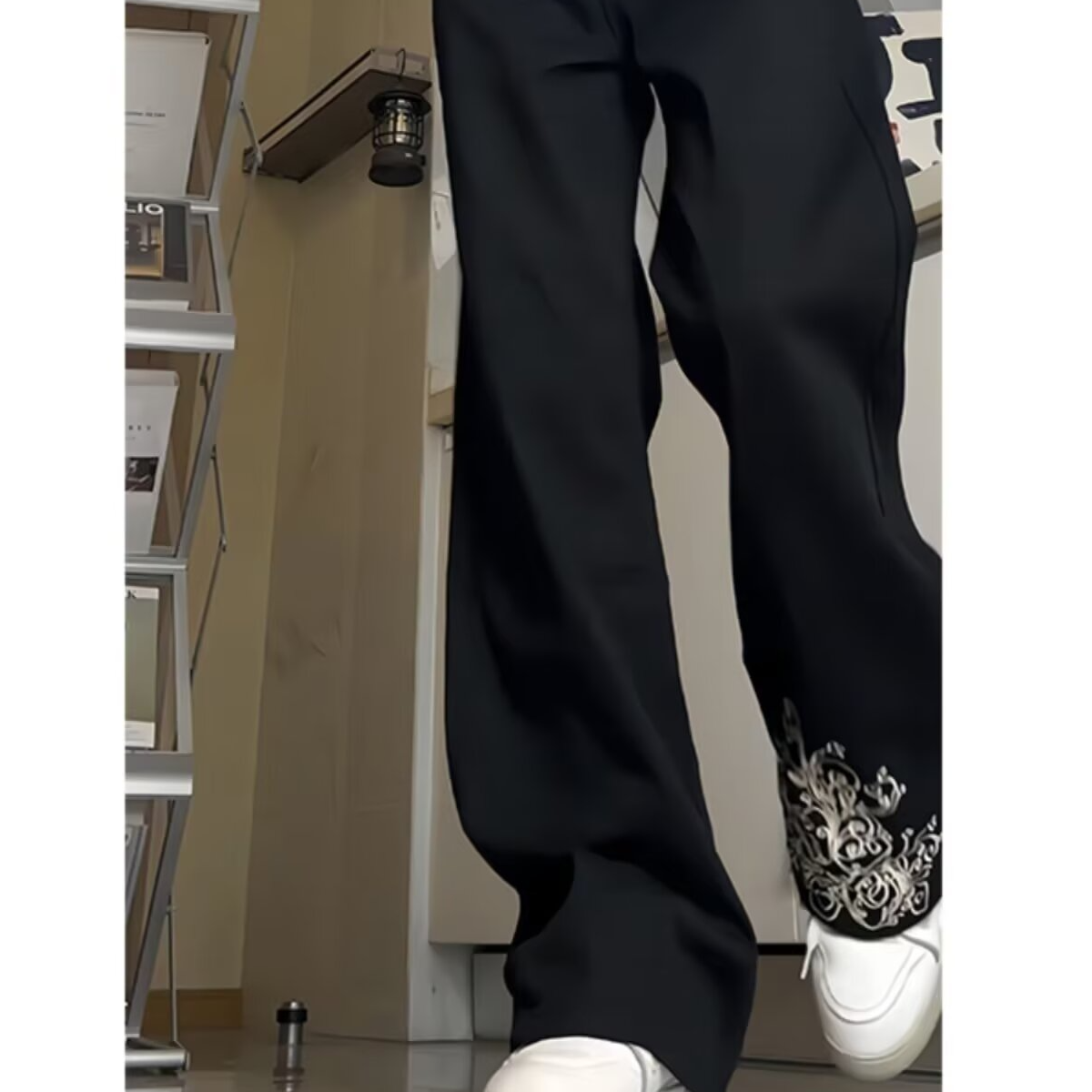 刺绣水洗拖地黑色牛仔裤男春秋美式ibe高街潮牌宽松直筒阔腿裤子