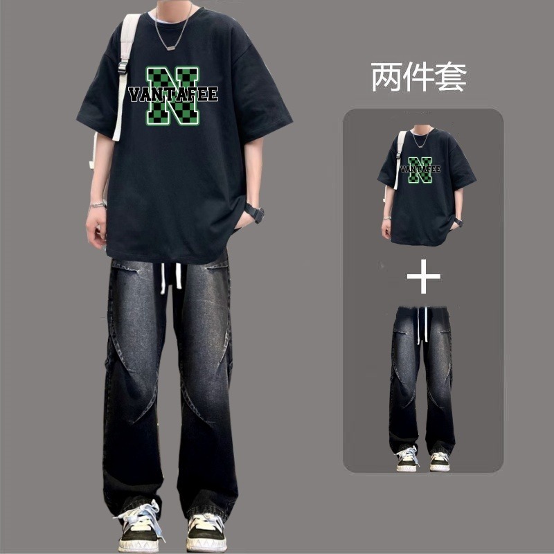 夏季休闲运动套装男士牛仔裤裤时尚青少年薄款ins学生印花纯棉T恤