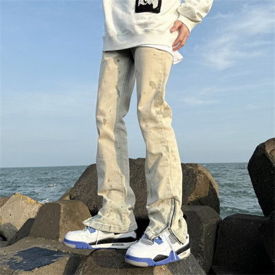 美式vibe风黄泥染牛仔裤男款侧拉链高街潮牌宽松直筒微喇裤子男生