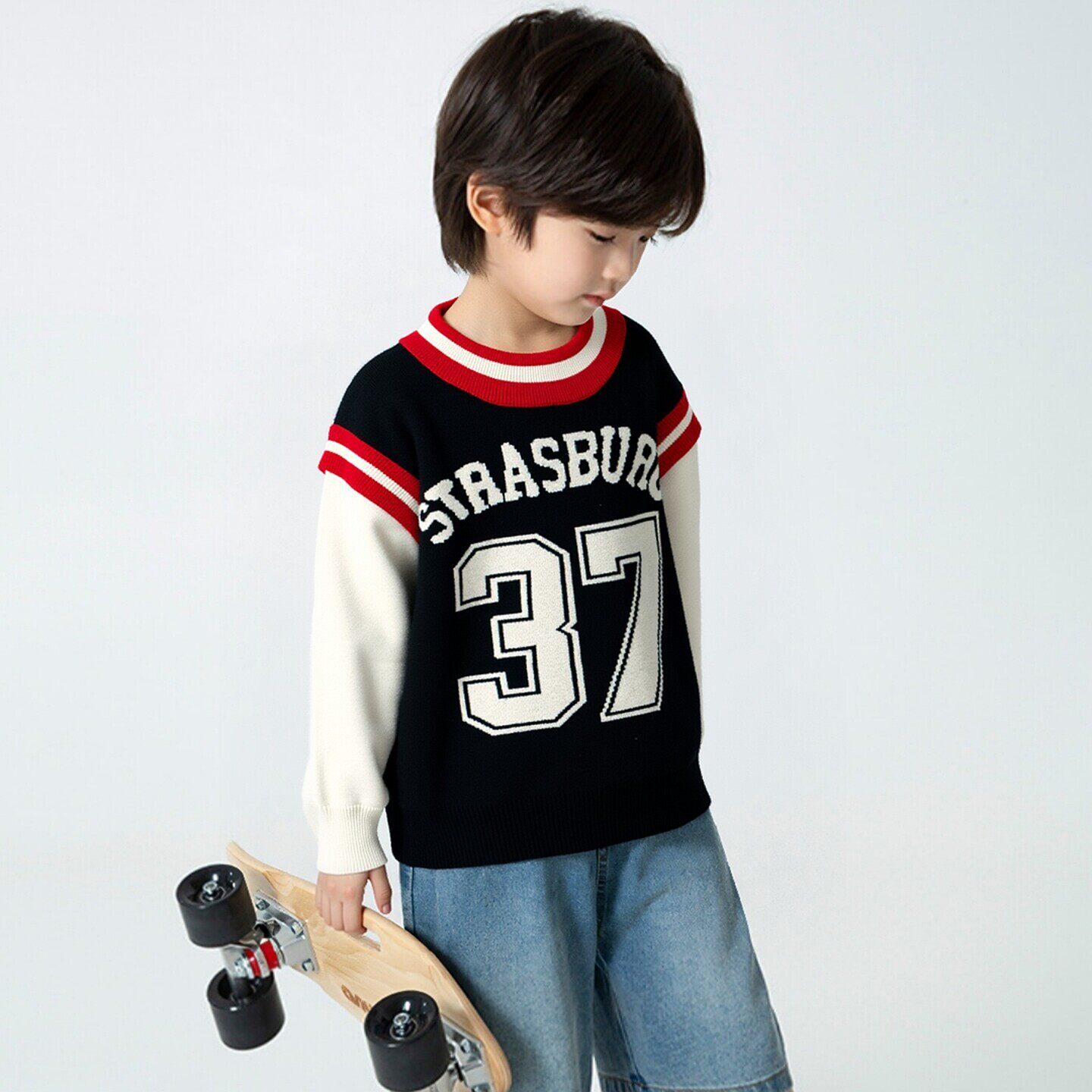 27kids品牌童装2026春装男童细毛线针织衫假两件儿童纯棉圆领毛衣