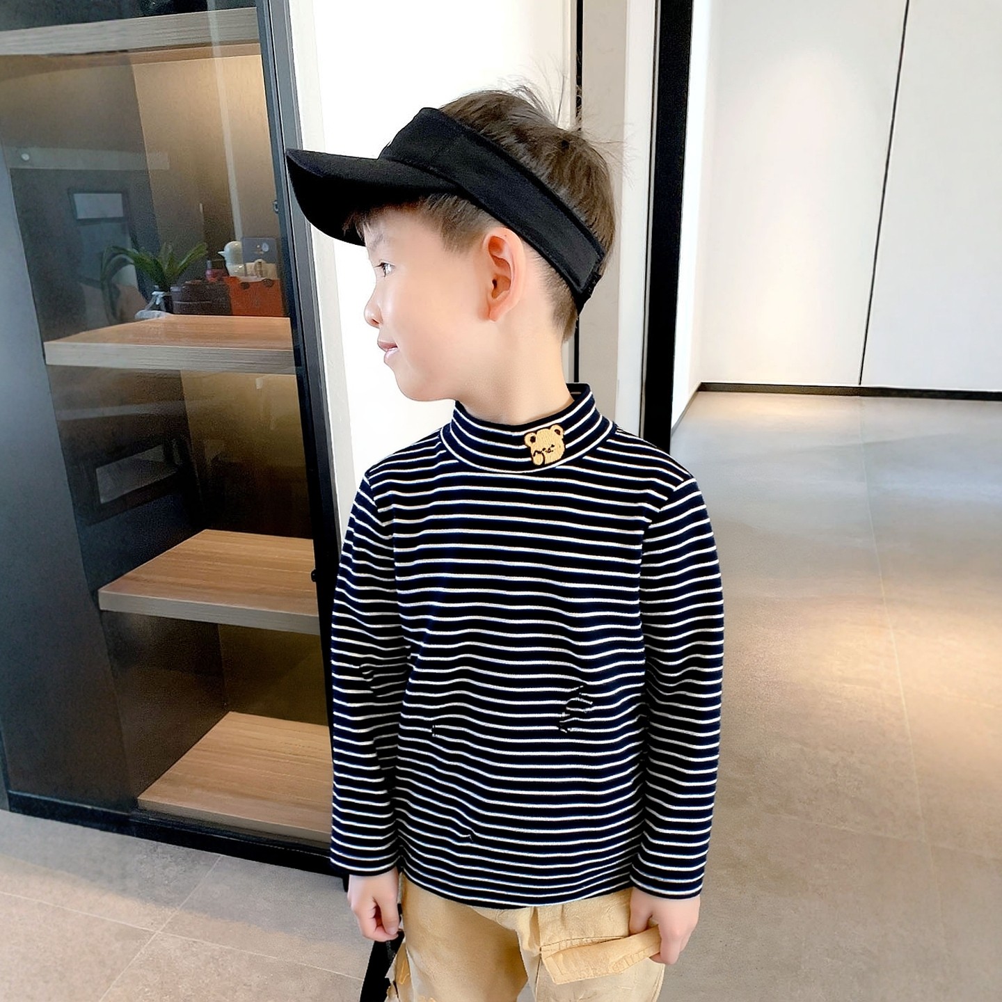 品牌外贸2025秋季童装中高领男孩子宝宝刺绣莱卡棉儿童条纹打底衫,童装/婴儿装/亲子装,T恤,淘宝优惠券,粉丝福利购,淘宝优惠卷