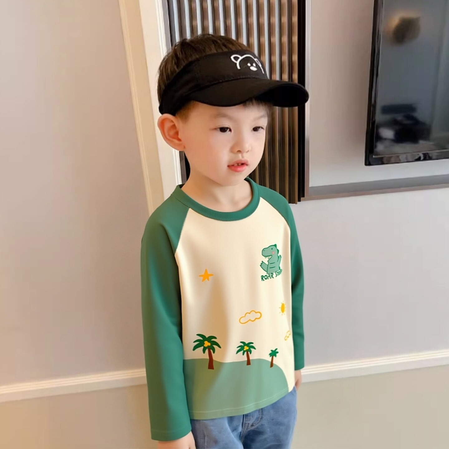 27kids童装长袖T恤儿童春季圆领纯棉打底衫 恐龙卡通男孩宝宝衣服