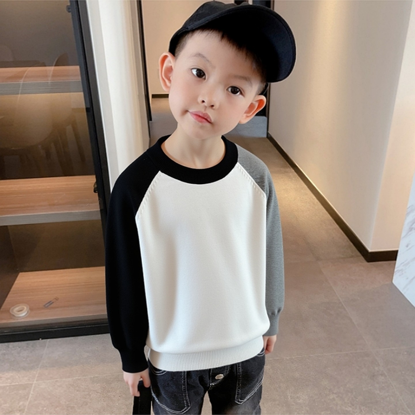 外贸韩版2025秋季新款长袖套头纯棉细毛线毛衣儿童圆领拼色针织衫