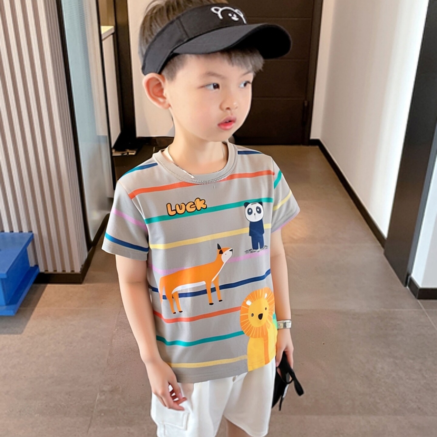 27kids童装夏季儿童纯棉短袖T恤衫 男孩韩版条纹卡通动物宝宝衣服